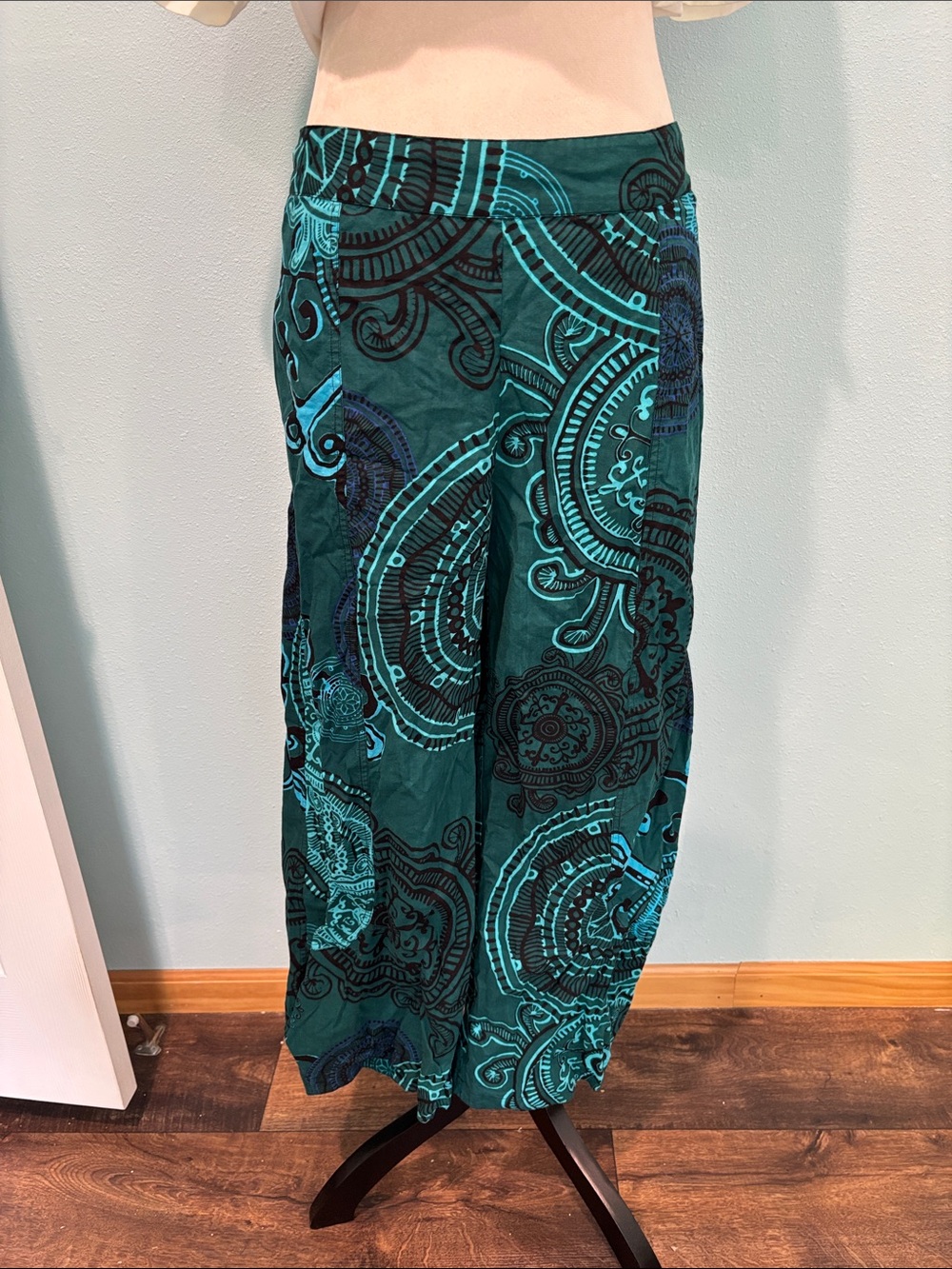 French Brand Aller Simplement Wide Leg Printed Palazzo Pants in Teal Green
